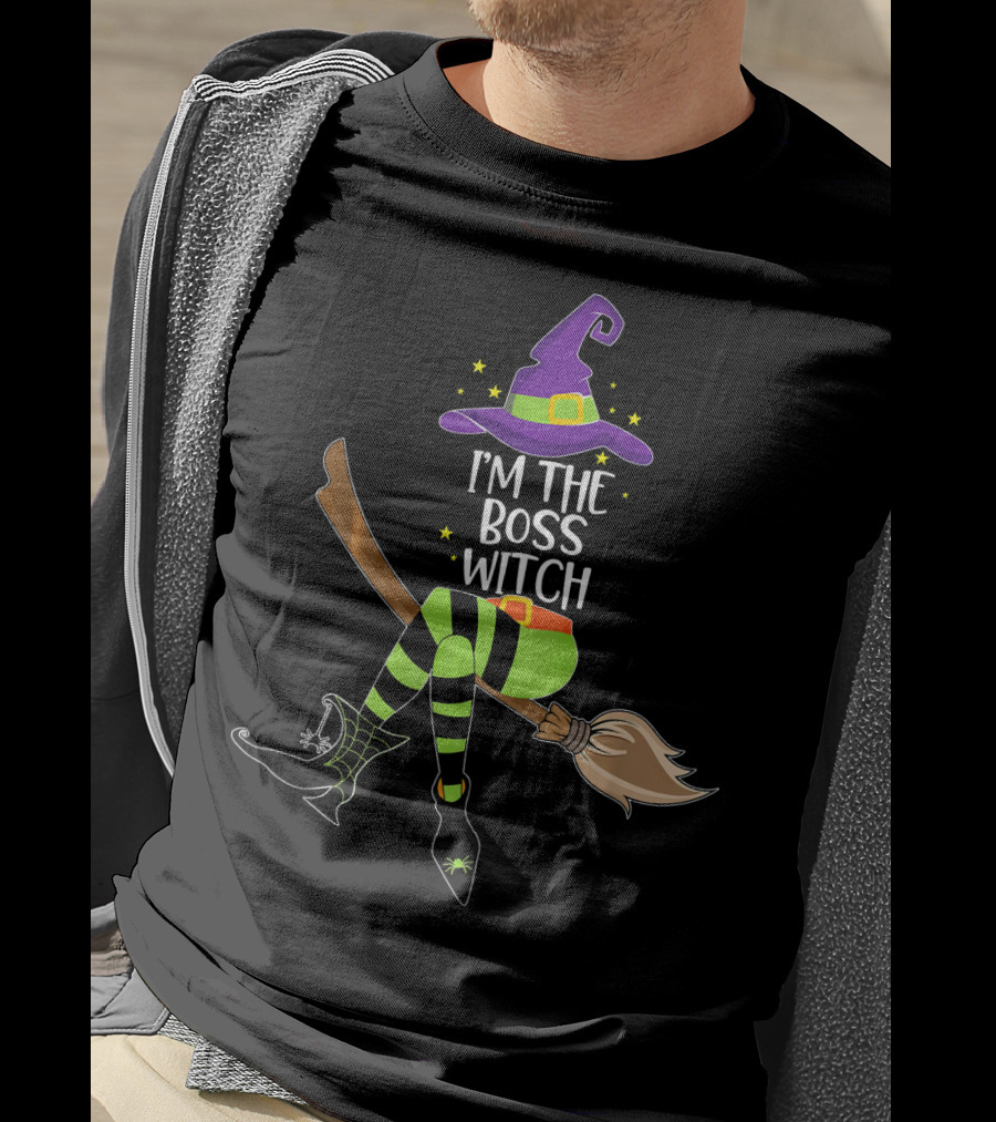 I'm The Boss Witch Halloween Witch Hat Broomstick Stripes T-Shirt