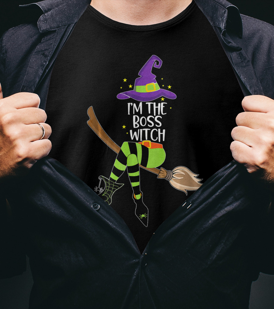I'm The Boss Witch Halloween Witch Hat Broomstick Stripes T-Shirt