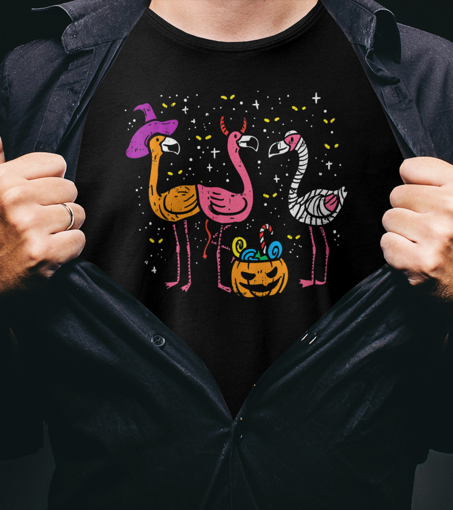 Scary Flamingos Witch Devil Mummy Halloween T-Shirt