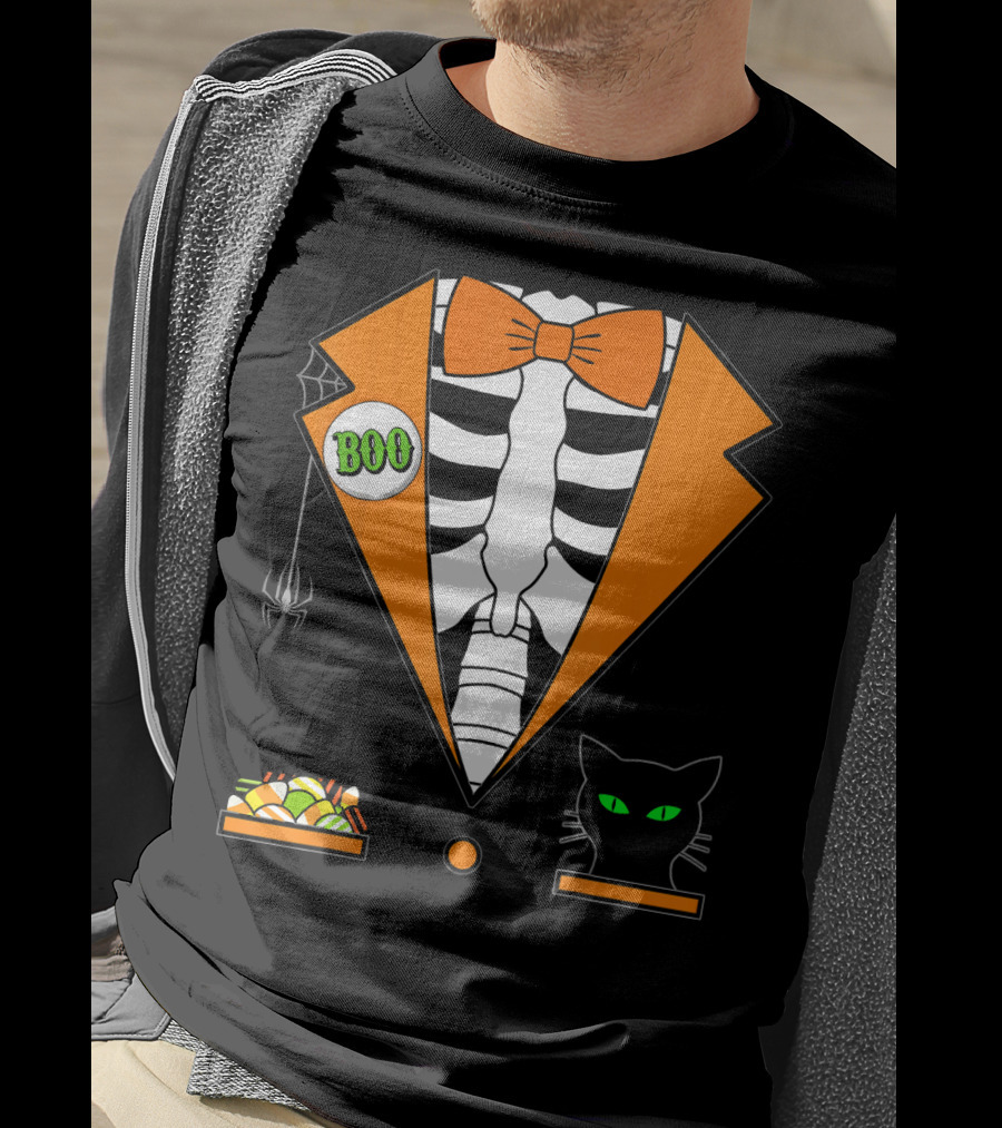 Easy Halloween Costume Orange Skeleton Tuxedo With Candy Bowl And Black Cat T-Shirt