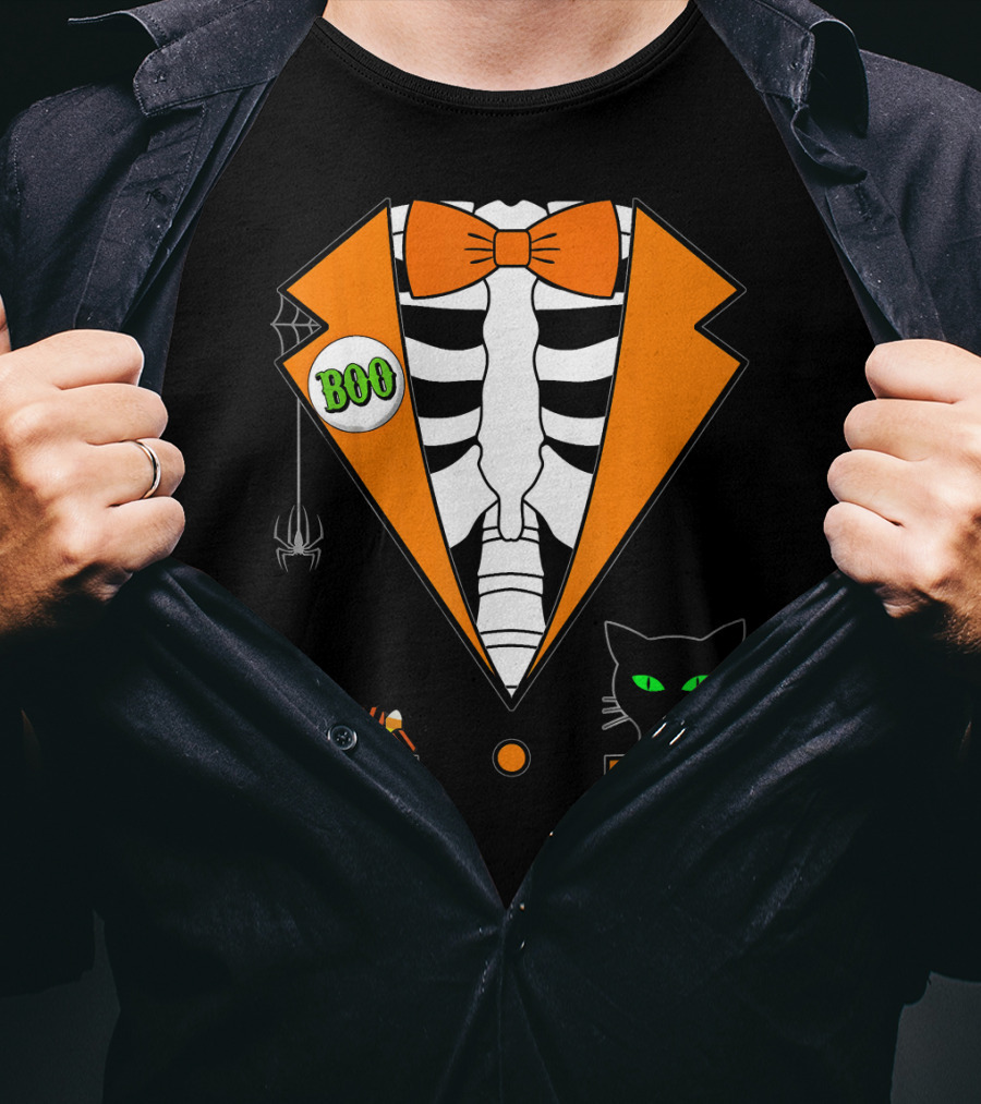 Easy Halloween Costume Orange Skeleton Tuxedo With Candy Bowl And Black Cat T-Shirt