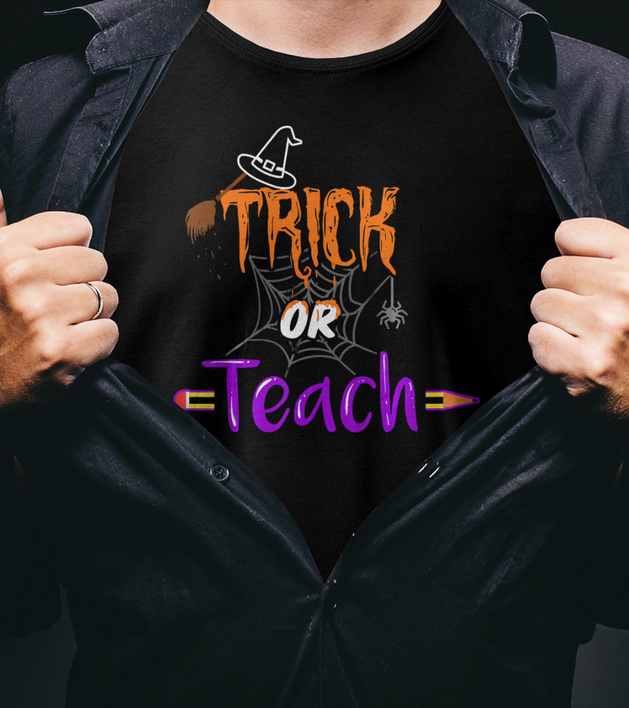 Trick Or Teach Funny Halloween Spider Witch Hat Pencil T-Shirt
