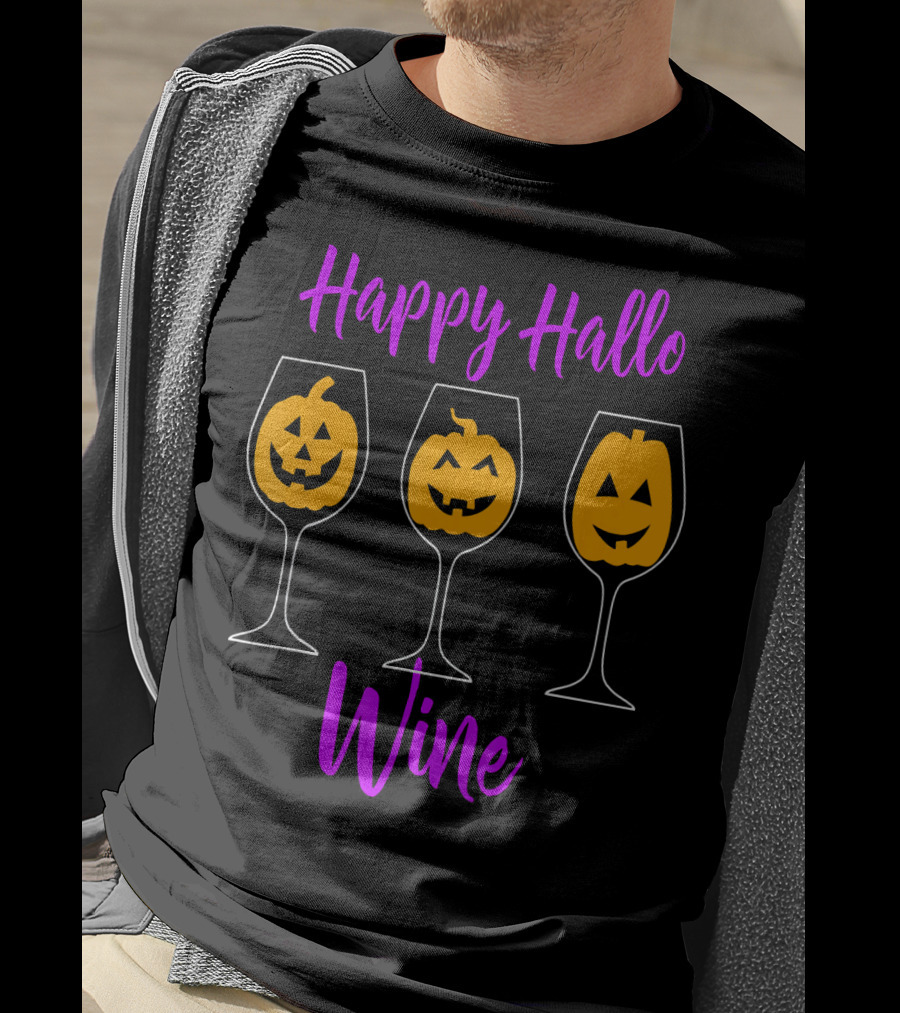 Happy Hallo Wine Funny Halloween Pumpkins In Wine Glasses T-Shirt