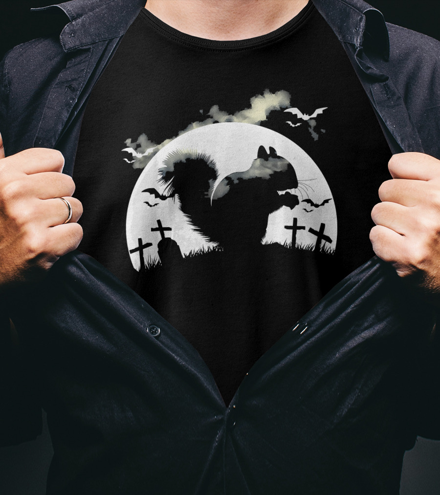 Spooky Halloween Rodent In Graveyard With Full Moon And Bats T-Shirt