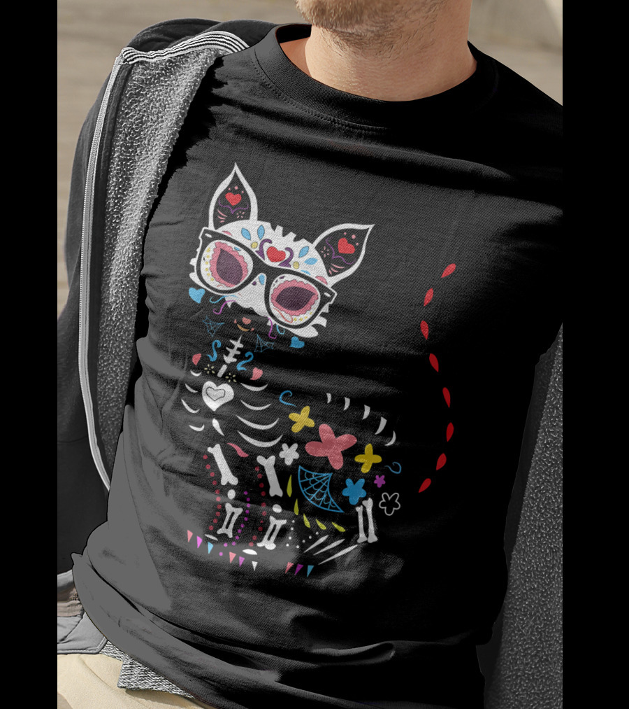 Colorful Day Of The Dead Black Cat Halloween T-Shirt