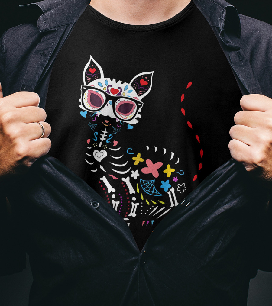 Colorful Day Of The Dead Black Cat Halloween T-Shirt