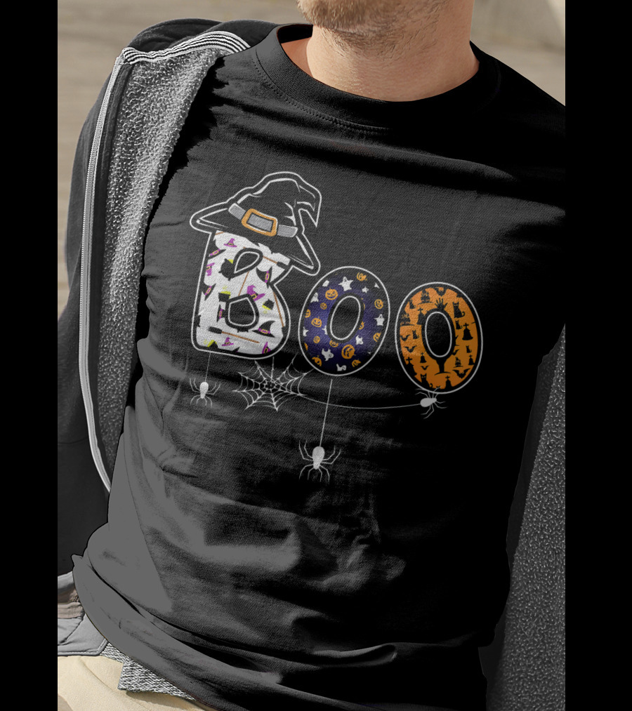 Boo Halloween Witch Hat Spider Web Letters T-Shirt