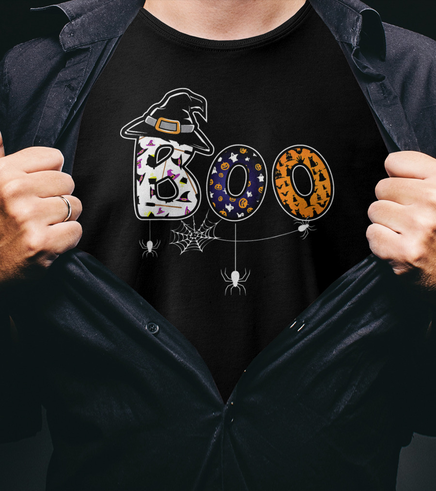Boo Halloween Witch Hat Spider Web Letters T-Shirt