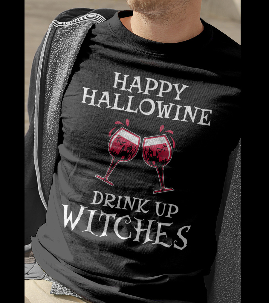 Happy Hallowine Drink Up Witches Red Wine Glasses T-Shirt