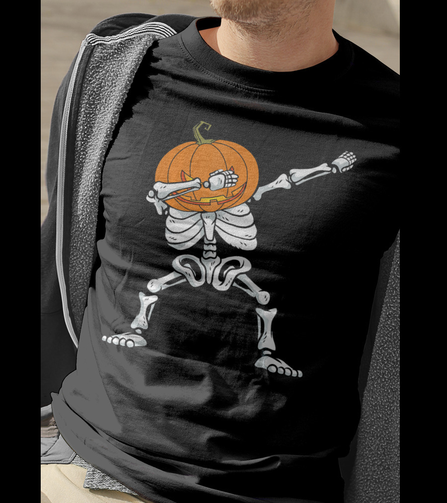 Halloween Dabbing Skeleton Pumpkin Trendy Dance Pose T-Shirt