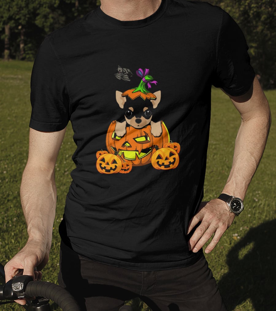 Happy Halloween Funny Chihuahua Jack-O'-Lantern Pumpkin With Bats T-Shirt