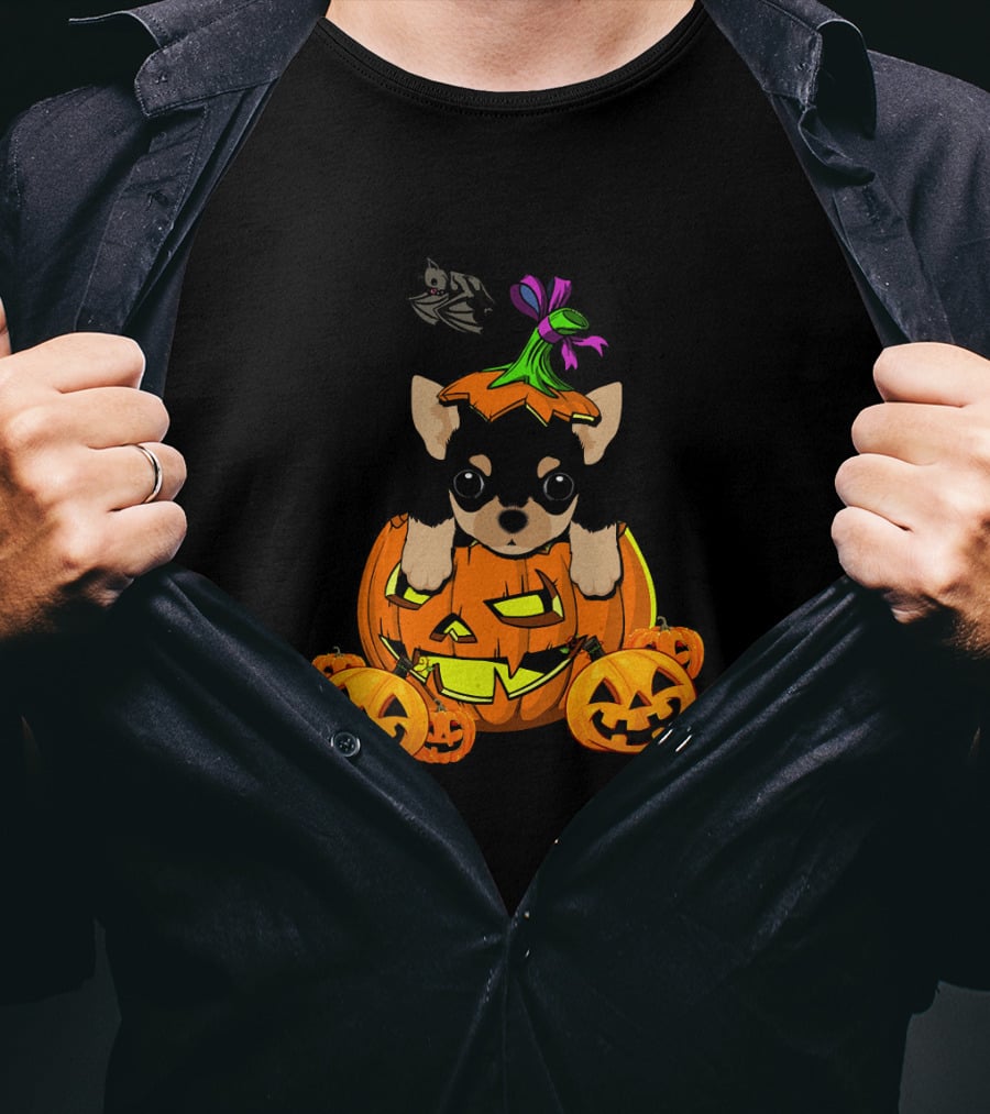 Happy Halloween Funny Chihuahua Jack-O'-Lantern Pumpkin With Bats T-Shirt