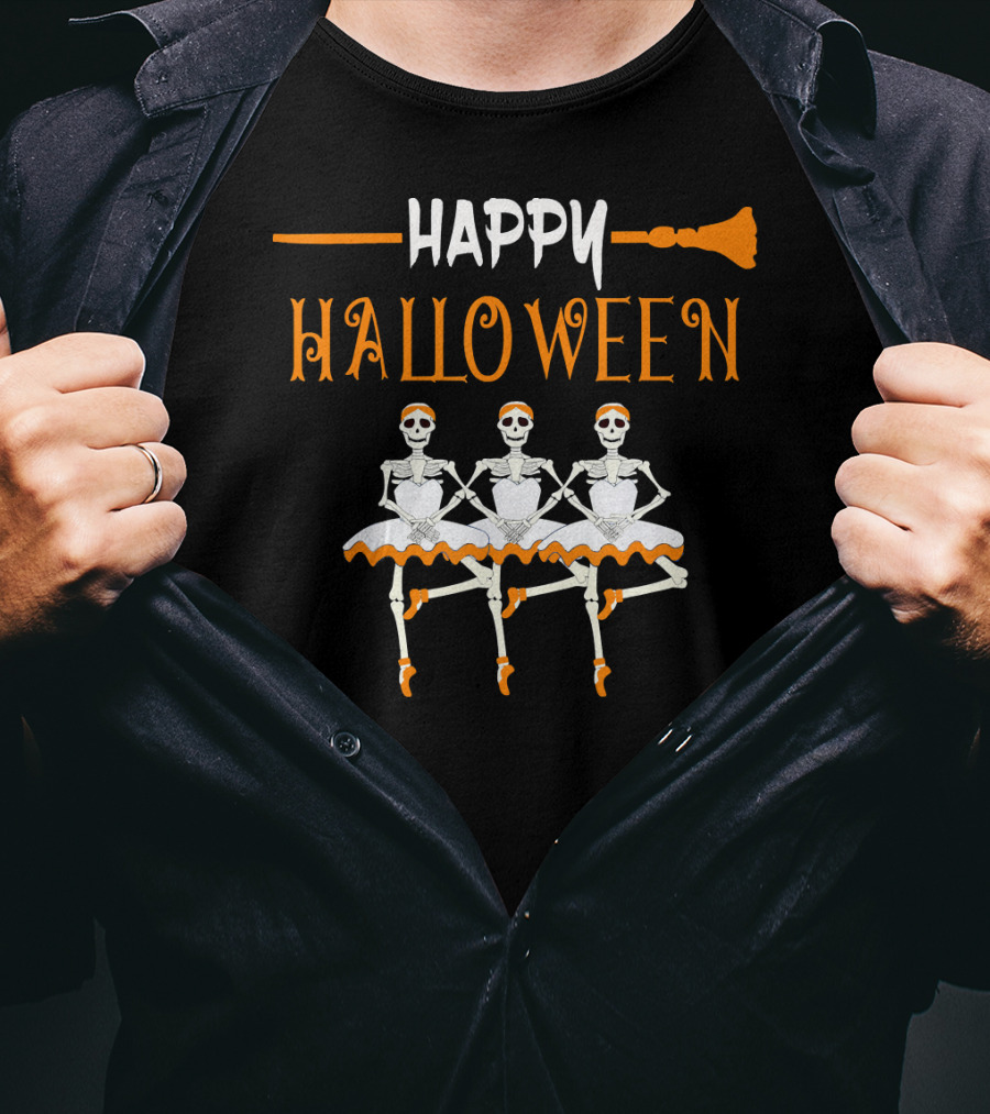 Happy Halloween Skeleton Ballerina Trio With Broomstick T-Shirt