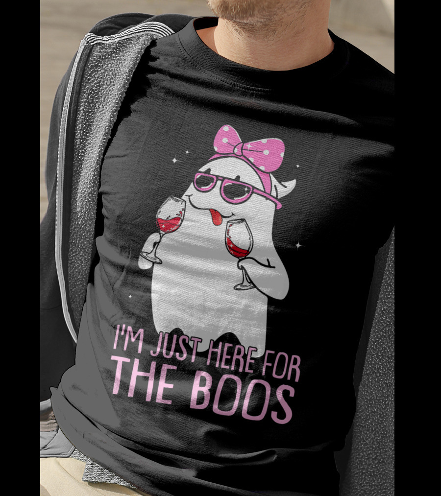 I'm Just Here For The Boos Wine Lover Ghost With Bow And Sunglasses T-Shirt