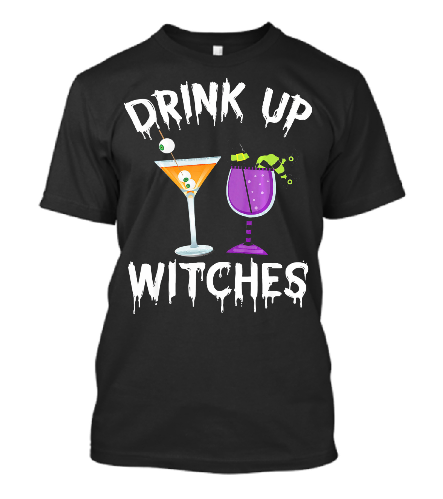 Drink Up Witches Funny Halloween Pun Cocktail Eyeball And Broomstick Drinks T-Shirt