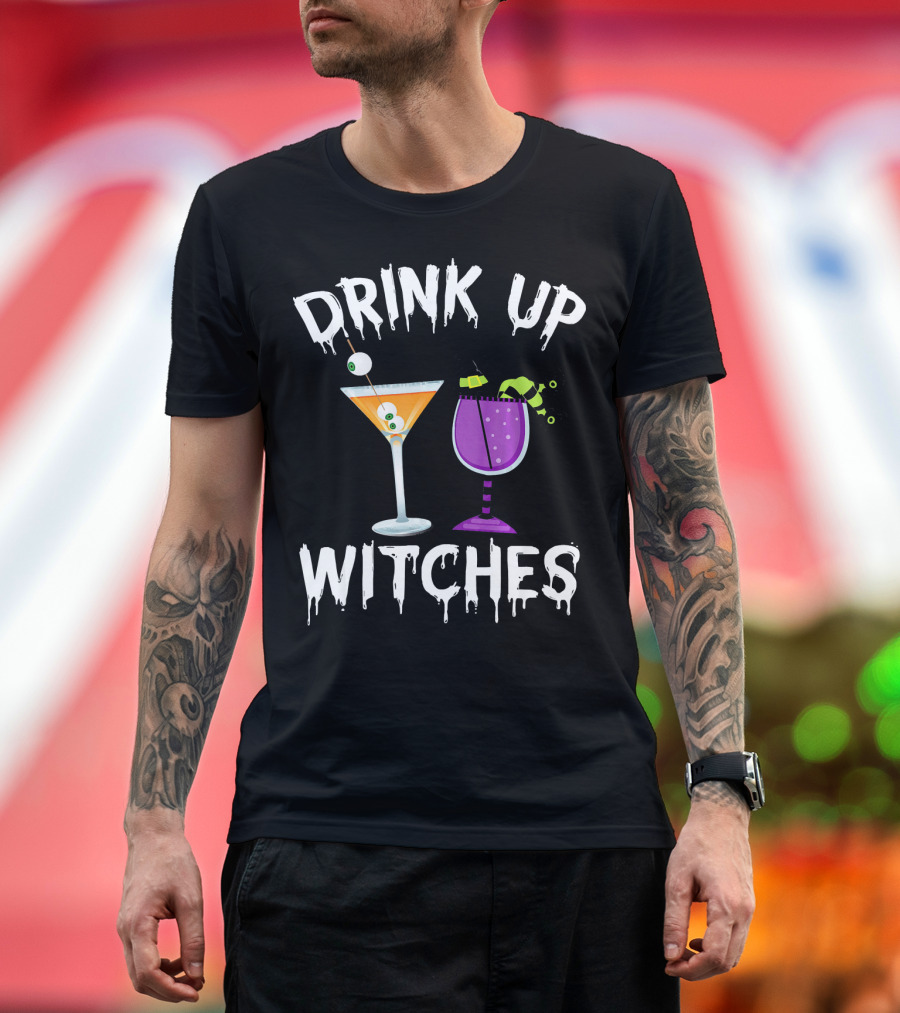 Drink Up Witches Funny Halloween Pun Cocktail Eyeball and Broomstick Drinks T-Shirt