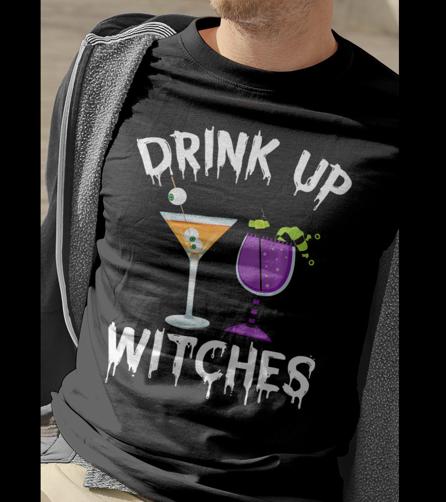 Drink Up Witches Funny Halloween Pun Cocktail Eyeball And Broomstick Drinks T-Shirt