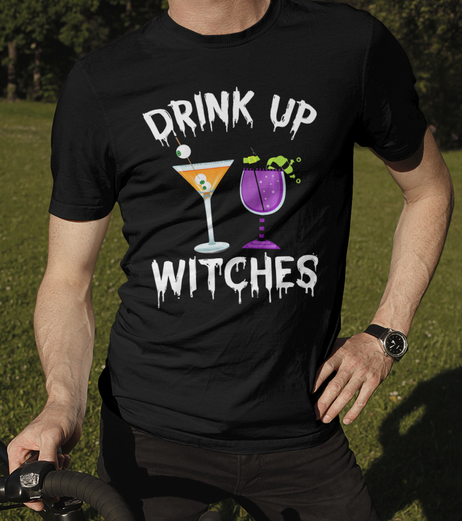 Drink Up Witches Funny Halloween Pun Cocktail Eyeball And Broomstick Drinks T-Shirt