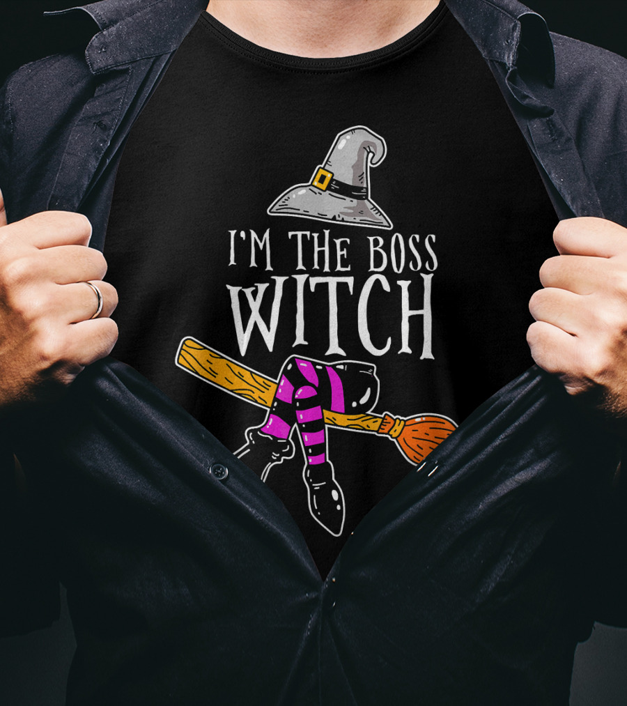 I'm The Boss Witch Funny Halloween Hat Broomstick Boots Striped Socks T-Shirt