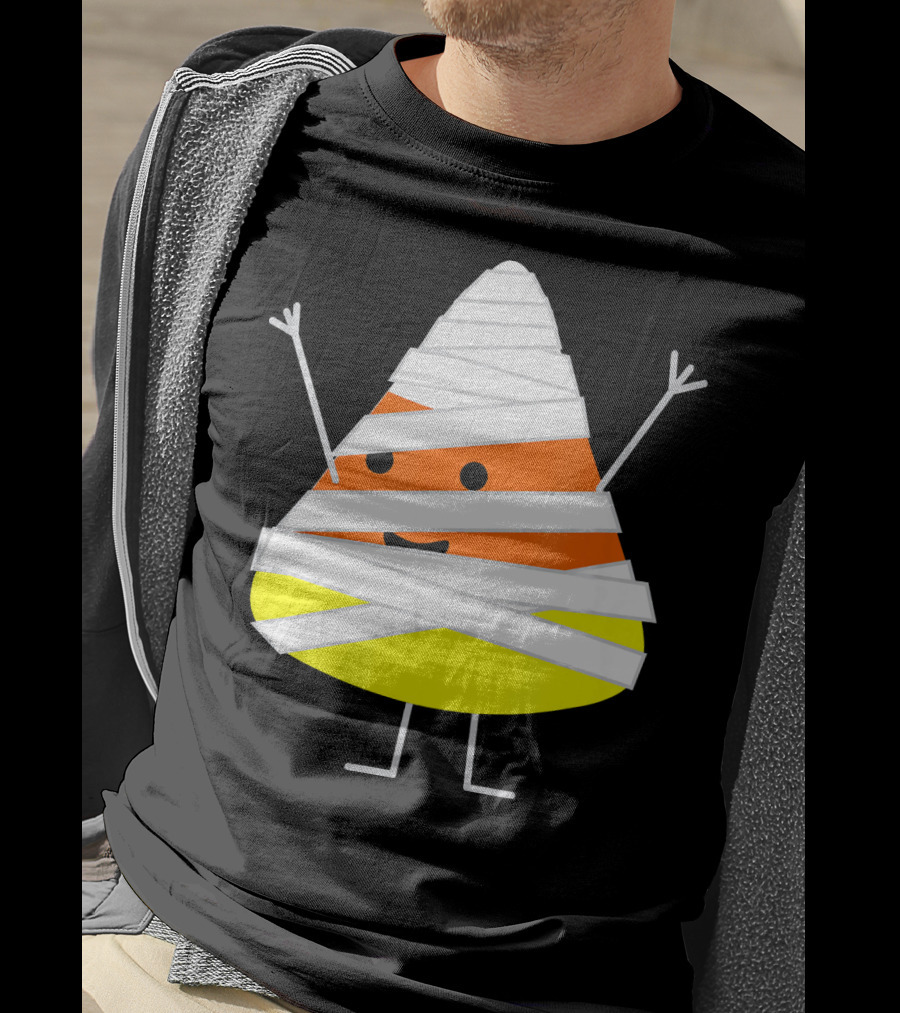 Mummy Wrapped Cartoon Candy Corn Halloween T-Shirt