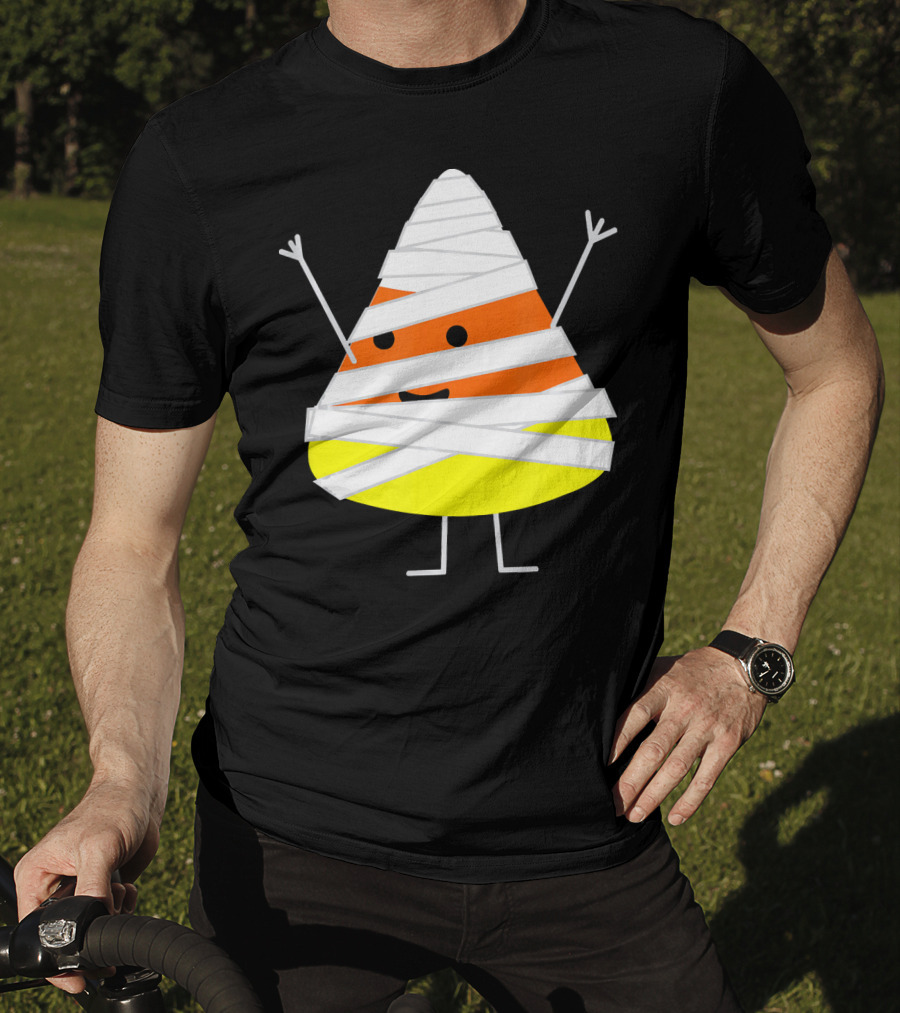 Mummy Wrapped Cartoon Candy Corn Halloween T-Shirt