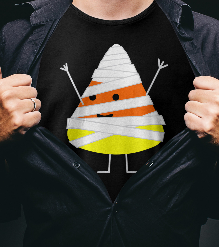 Mummy Wrapped Cartoon Candy Corn Halloween T-Shirt