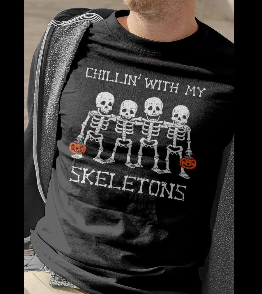 CHILLIN' WITH MY SKELETONS Holding Pumpkins T-Shirt