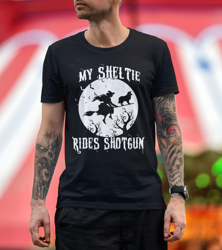 My Sheltie Rides Shotgun Halloween Witch Moon Scene T-Shirt