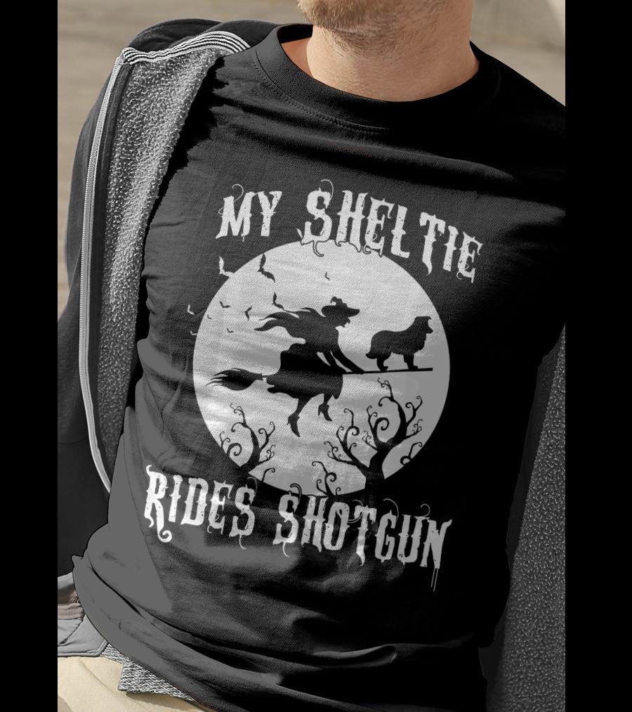 My Sheltie Rides Shotgun Halloween Witch Moon Scene T-Shirt