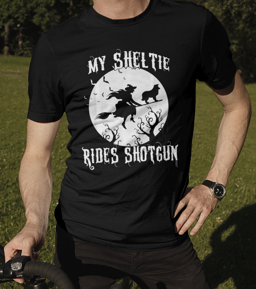 My Sheltie Rides Shotgun Halloween Witch Moon Scene T-Shirt