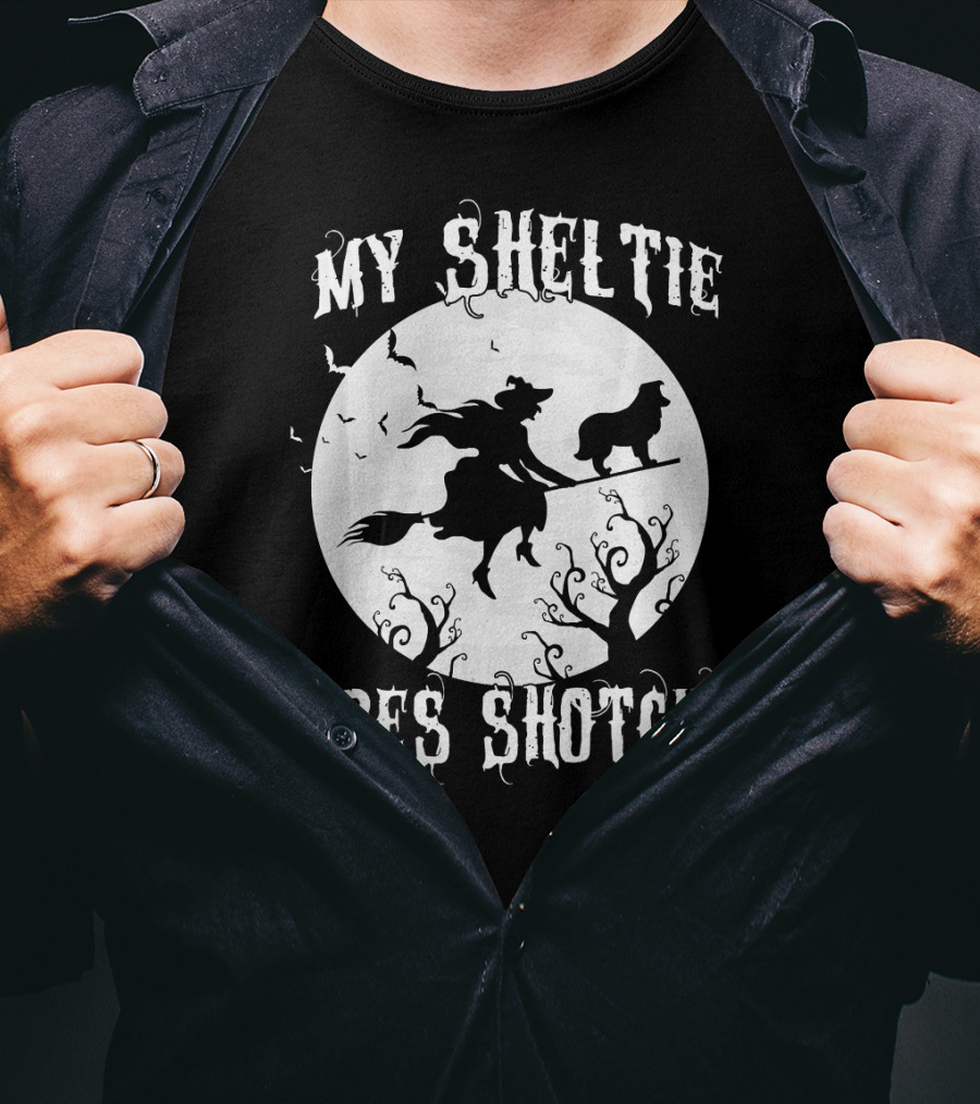 My Sheltie Rides Shotgun Halloween Witch Moon Scene T-Shirt