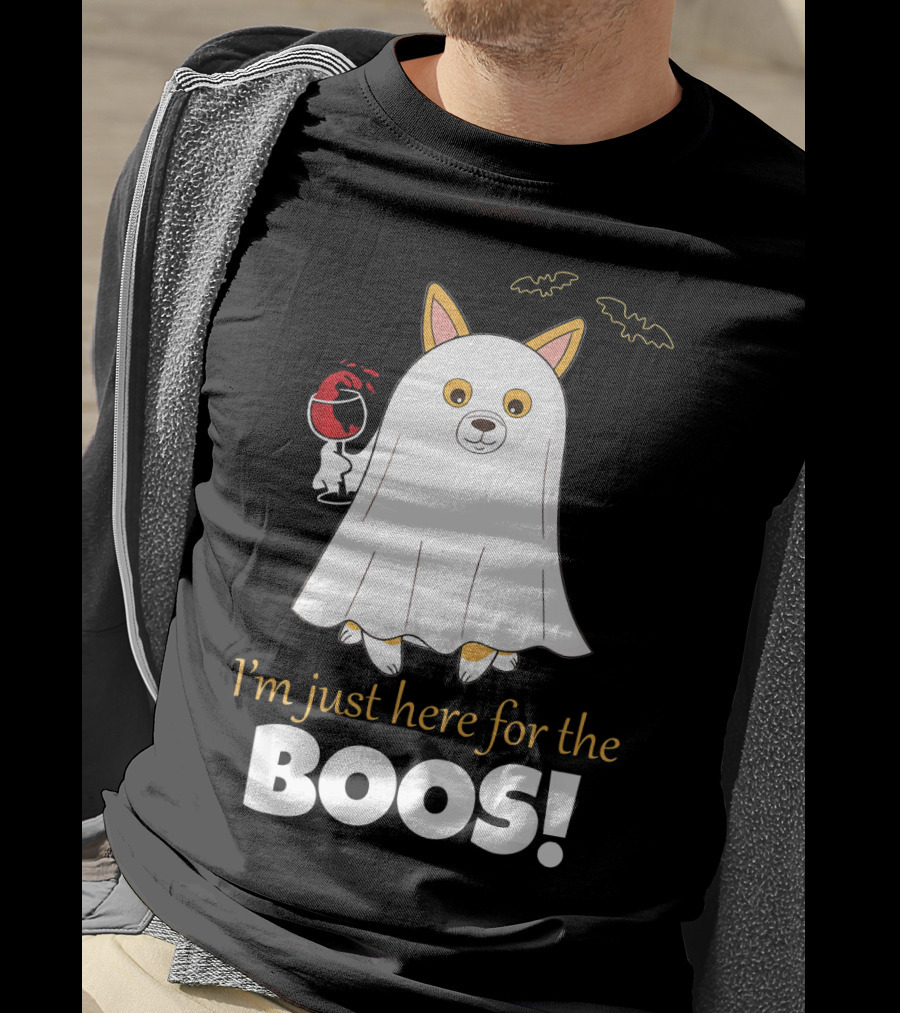 I'm Just Here For The Boos Corgi With Wine And Bat Decorations T-Shirt