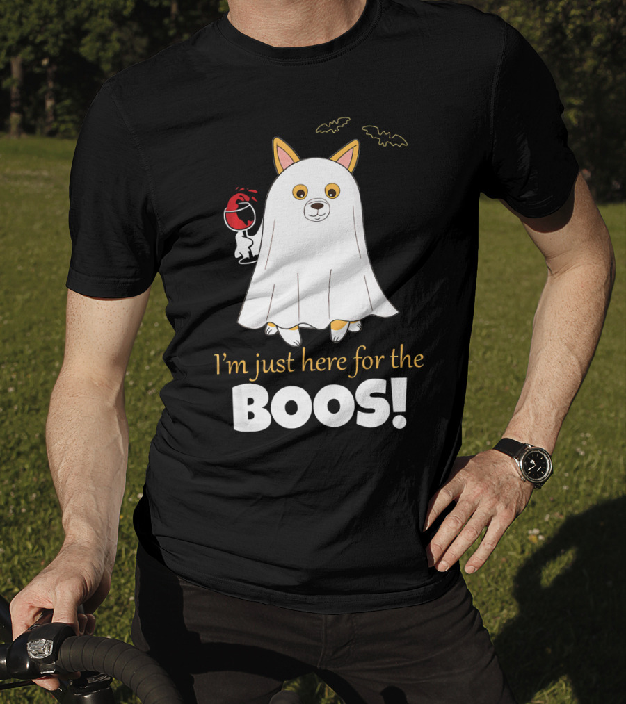 I'm Just Here For The Boos Corgi With Wine And Bat Decorations T-Shirt