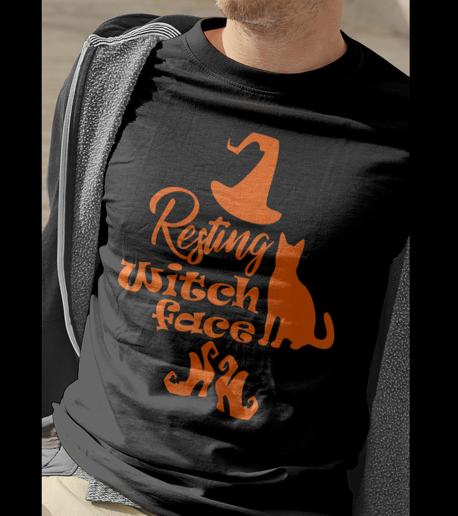 Resting Witch Face Halloween Cat Witch Hat Shoes T-Shirt