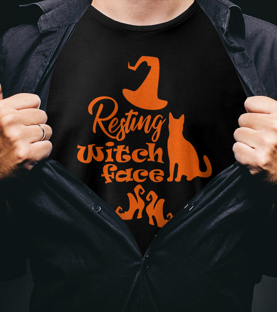 Resting Witch Face Halloween Cat Witch Hat Shoes T-Shirt