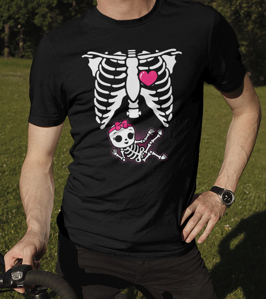 Halloween Skeleton Pregnancy Ribcage With Baby Girl And Heart T-Shirt