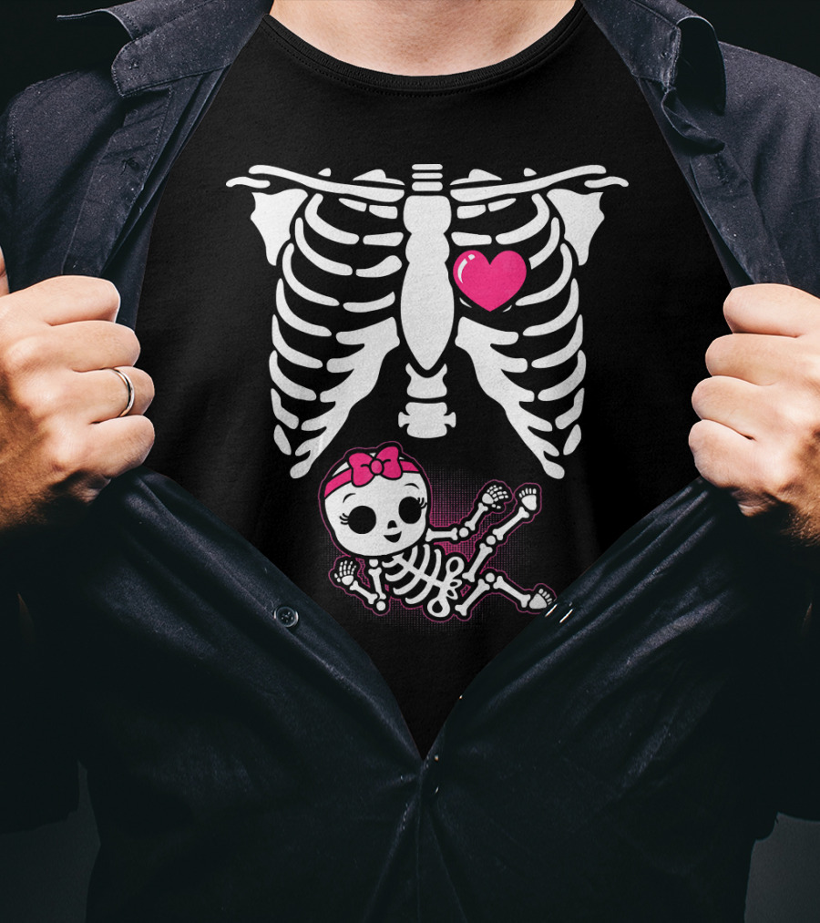 Halloween Skeleton Pregnancy Ribcage With Baby Girl And Heart T-Shirt