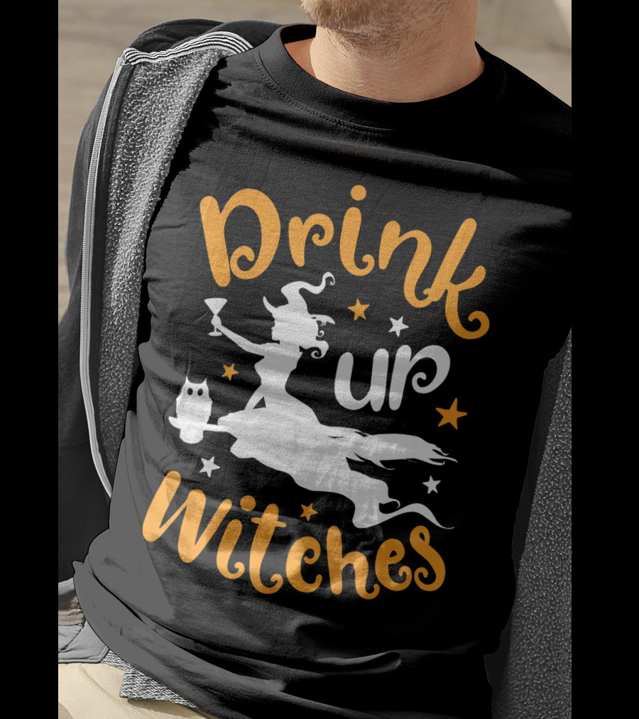 Drink Up Witches Halloween Witch Silhouette With Owl And Stars T-Shirt