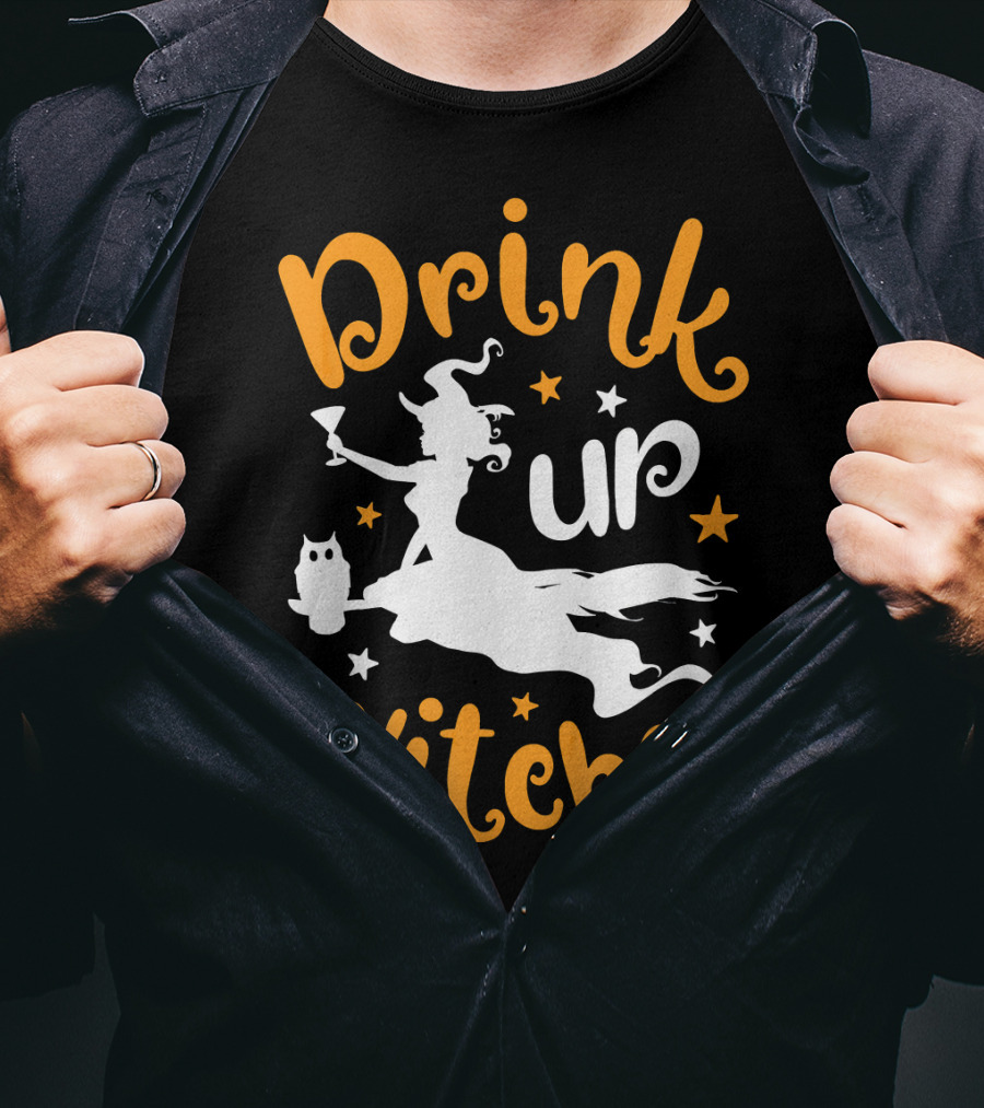 Drink Up Witches Halloween Witch Silhouette With Owl And Stars T-Shirt