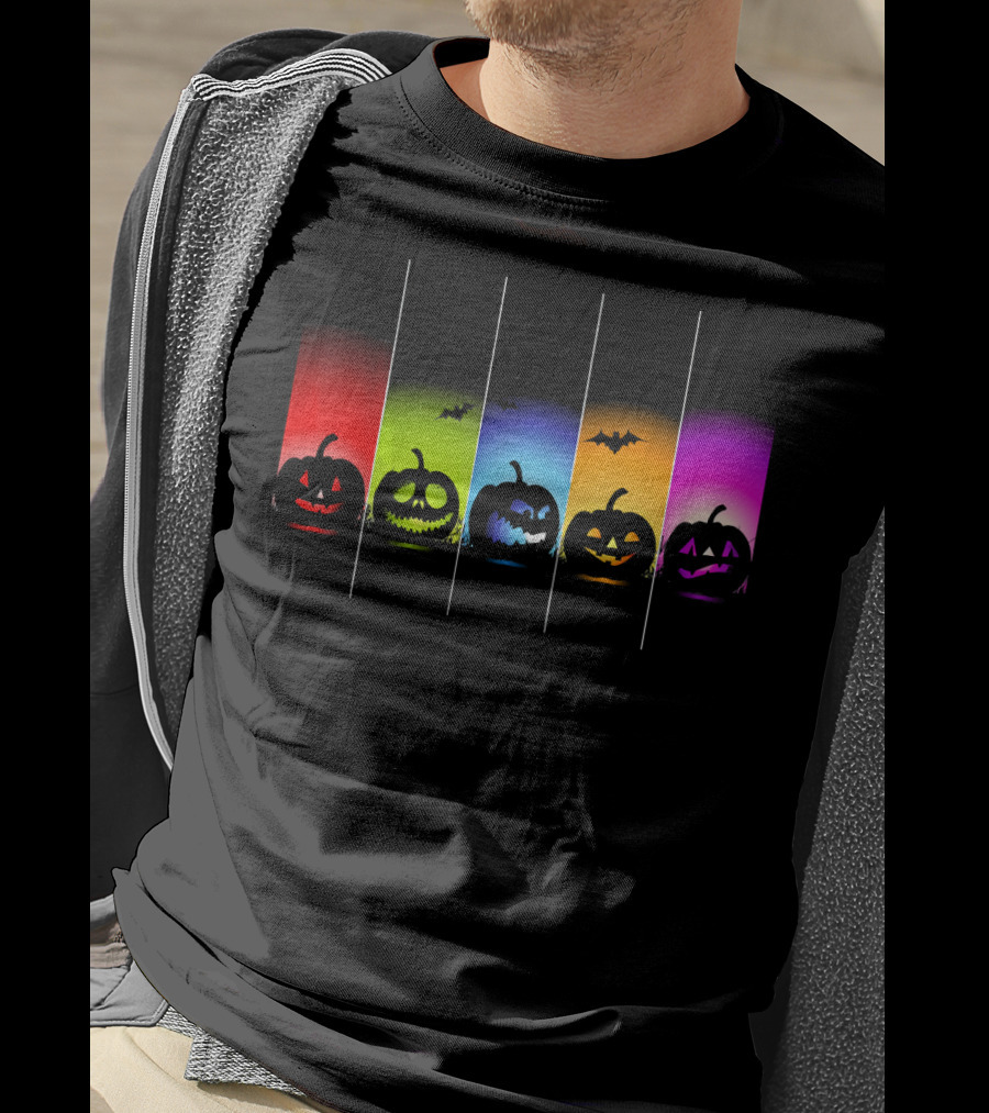 Rainbow Halloween Pumpkins With Colorful Backgrounds And Bats T-Shirt