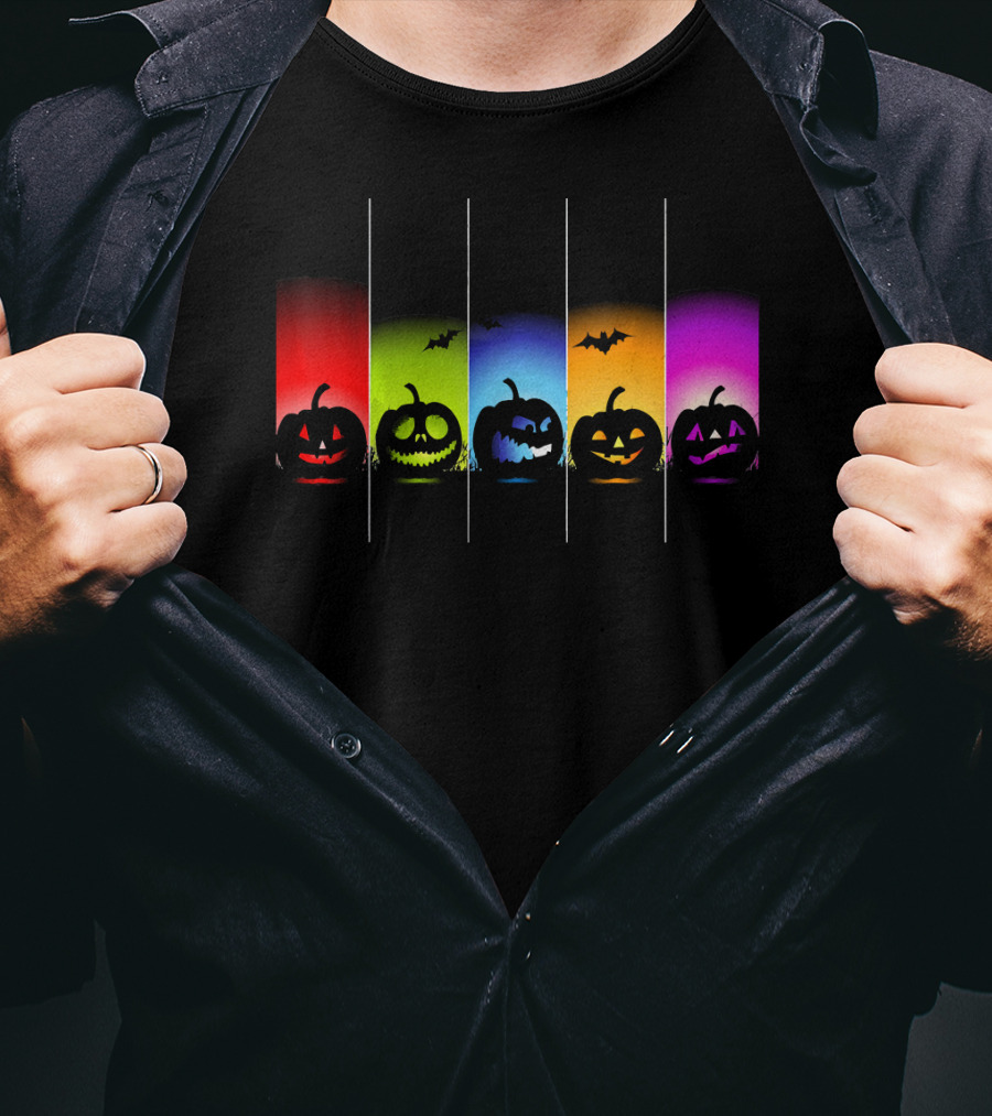 Rainbow Halloween Pumpkins With Colorful Backgrounds And Bats T-Shirt