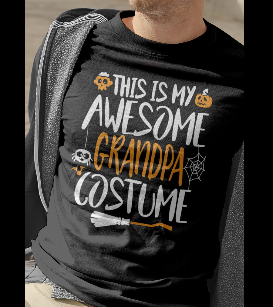 This Is My Awesome Grandpa Halloween Costume Pumpkin Spider Web Broomstick T-Shirt