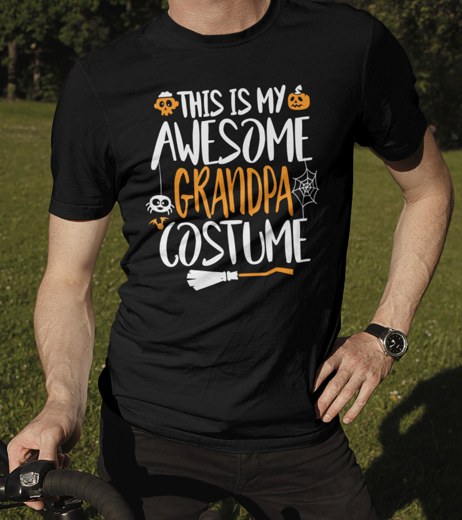 This Is My Awesome Grandpa Halloween Costume Pumpkin Spider Web Broomstick T-Shirt