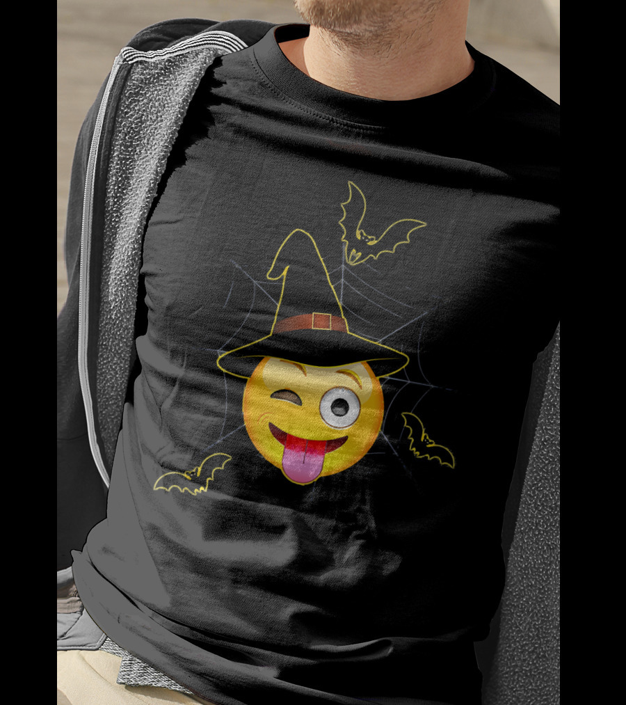 Funny Halloween Witch Emoji Winking Face With Bats And Spider Web T-Shirt