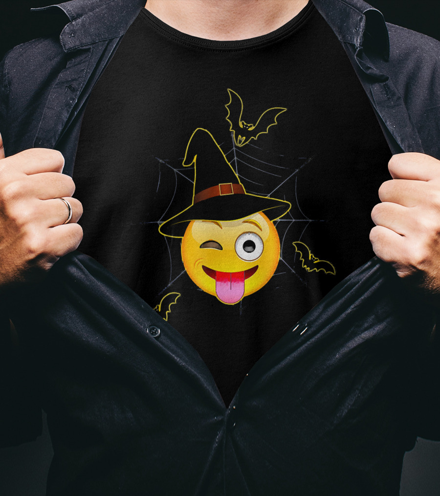 Funny Halloween Witch Emoji Winking Face With Bats And Spider Web T-Shirt