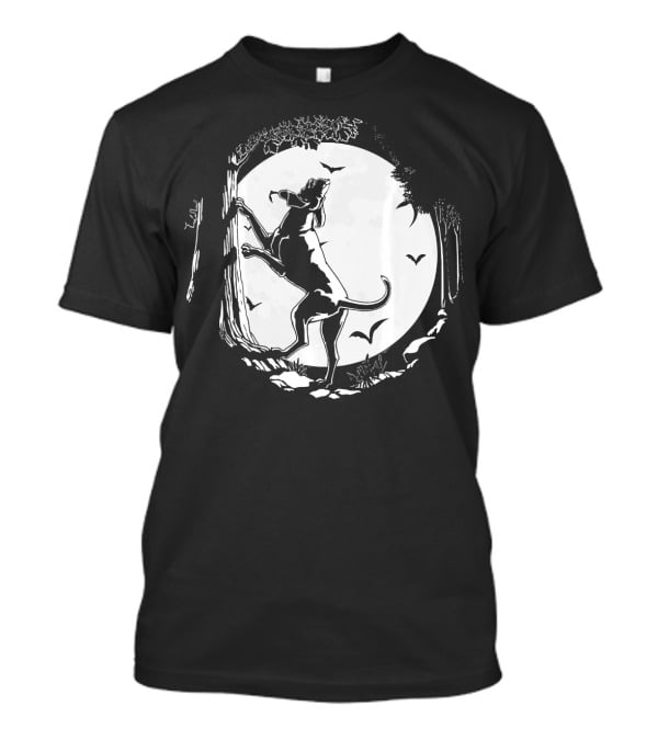 Coonhound Hunting Dog Under Full Moon With Bats And Trees T-Shirt