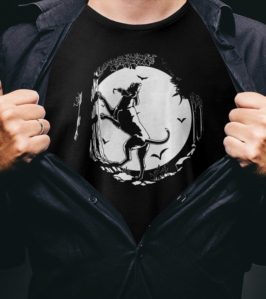 Coonhound Hunting Dog Under Full Moon With Bats And Trees T-Shirt