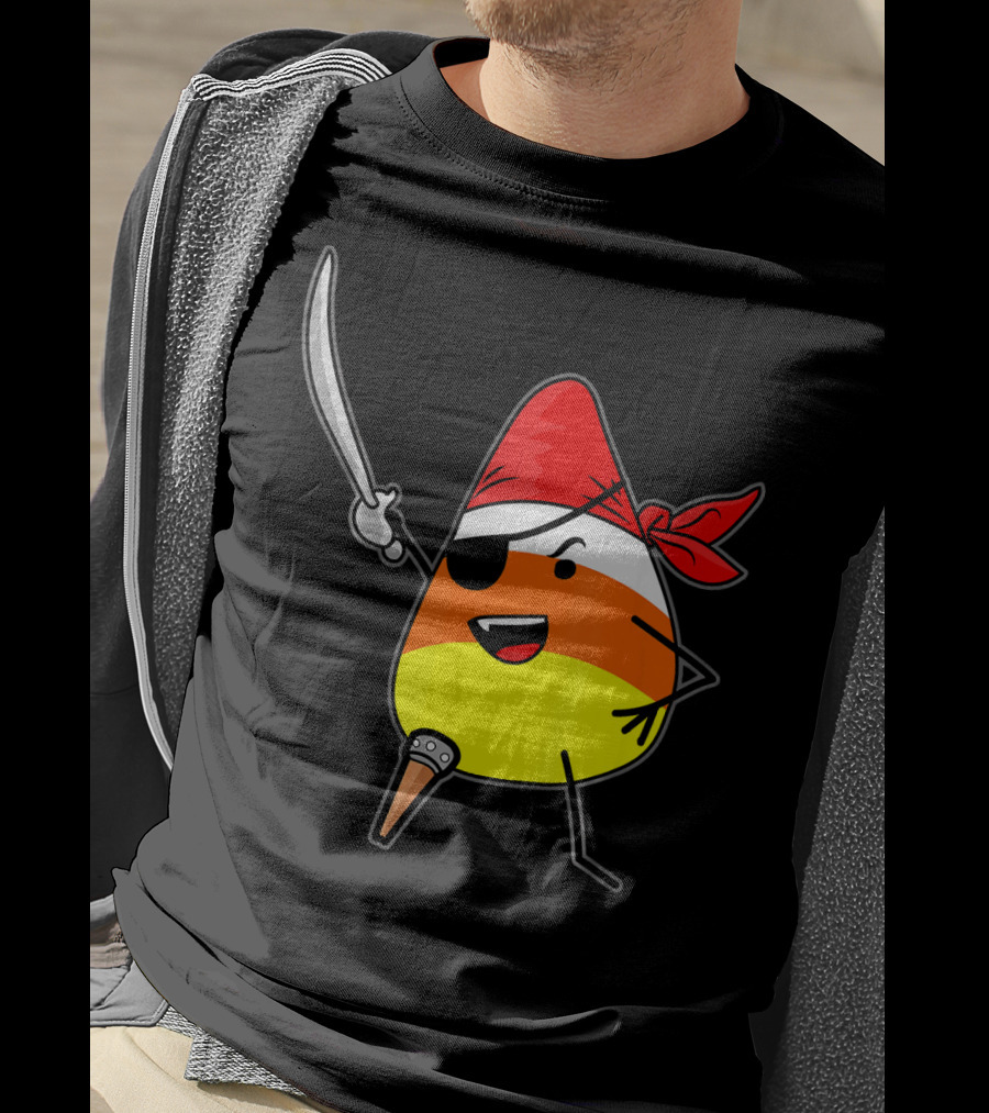 Candy Corn Pirate With Jolly Roger Sword Halloween T-Shirt