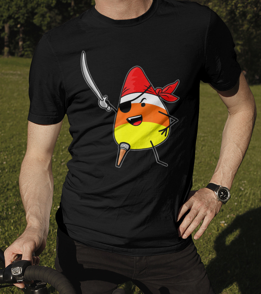 Candy Corn Pirate With Jolly Roger Sword Halloween T-Shirt