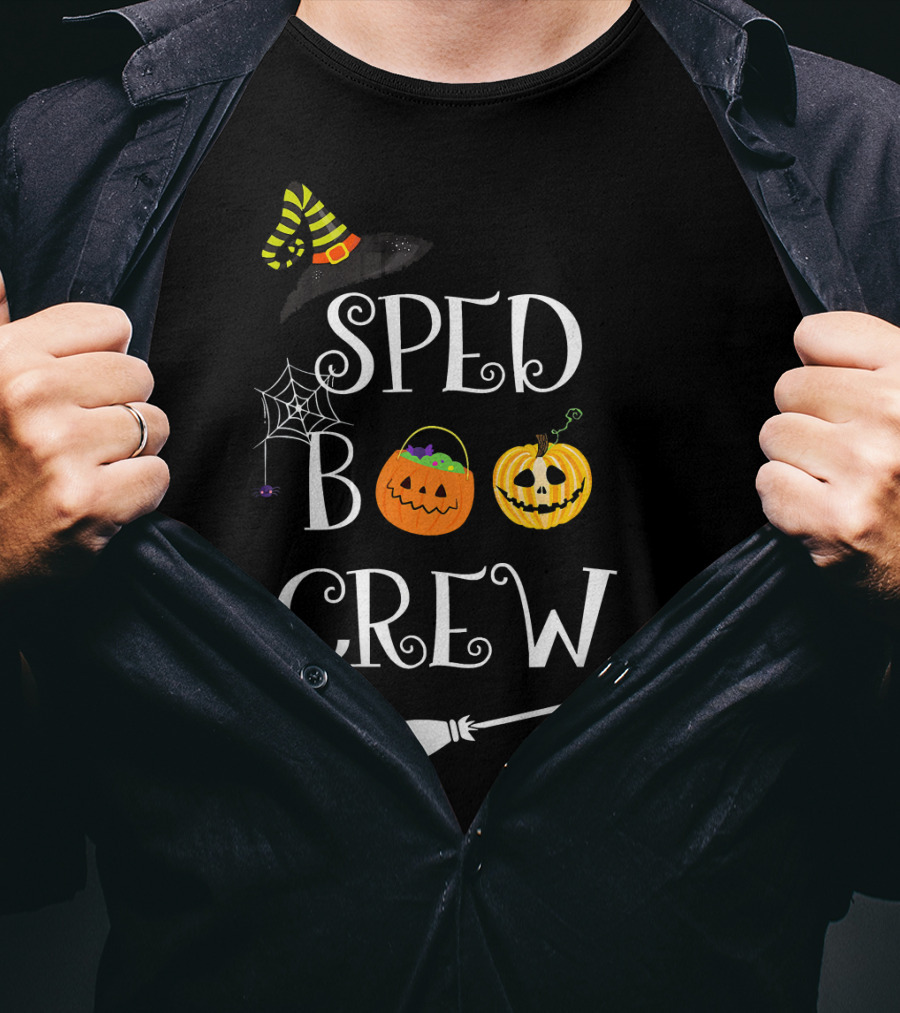 SPED BOO CREW Special Education Teacher Halloween Witch Hat Pumpkin Broom Decor T-Shirt